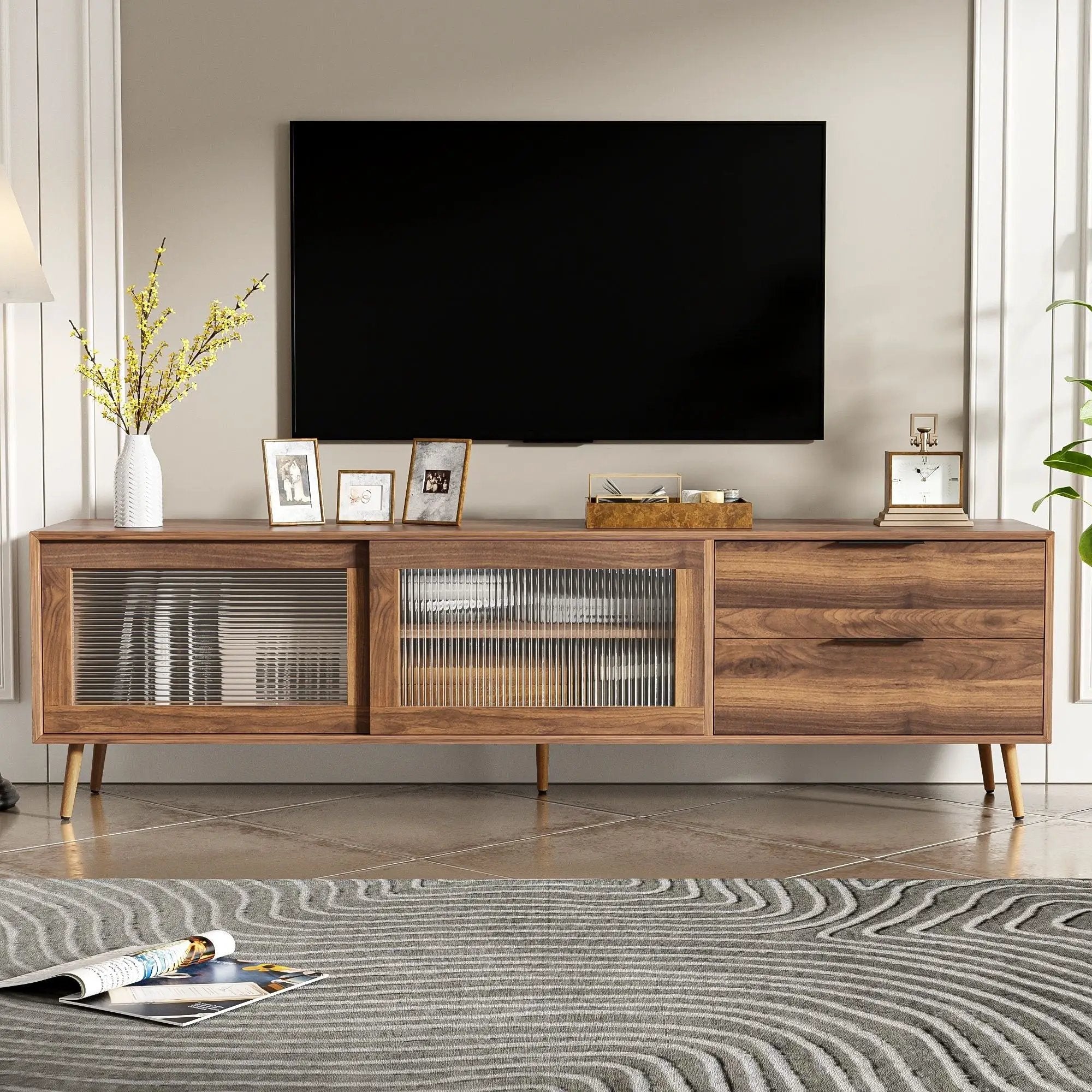 TV Stand Media Console With 2 Doors, 2 Drawers & Storage Cabinet - Walnut by HouseOfZazla
