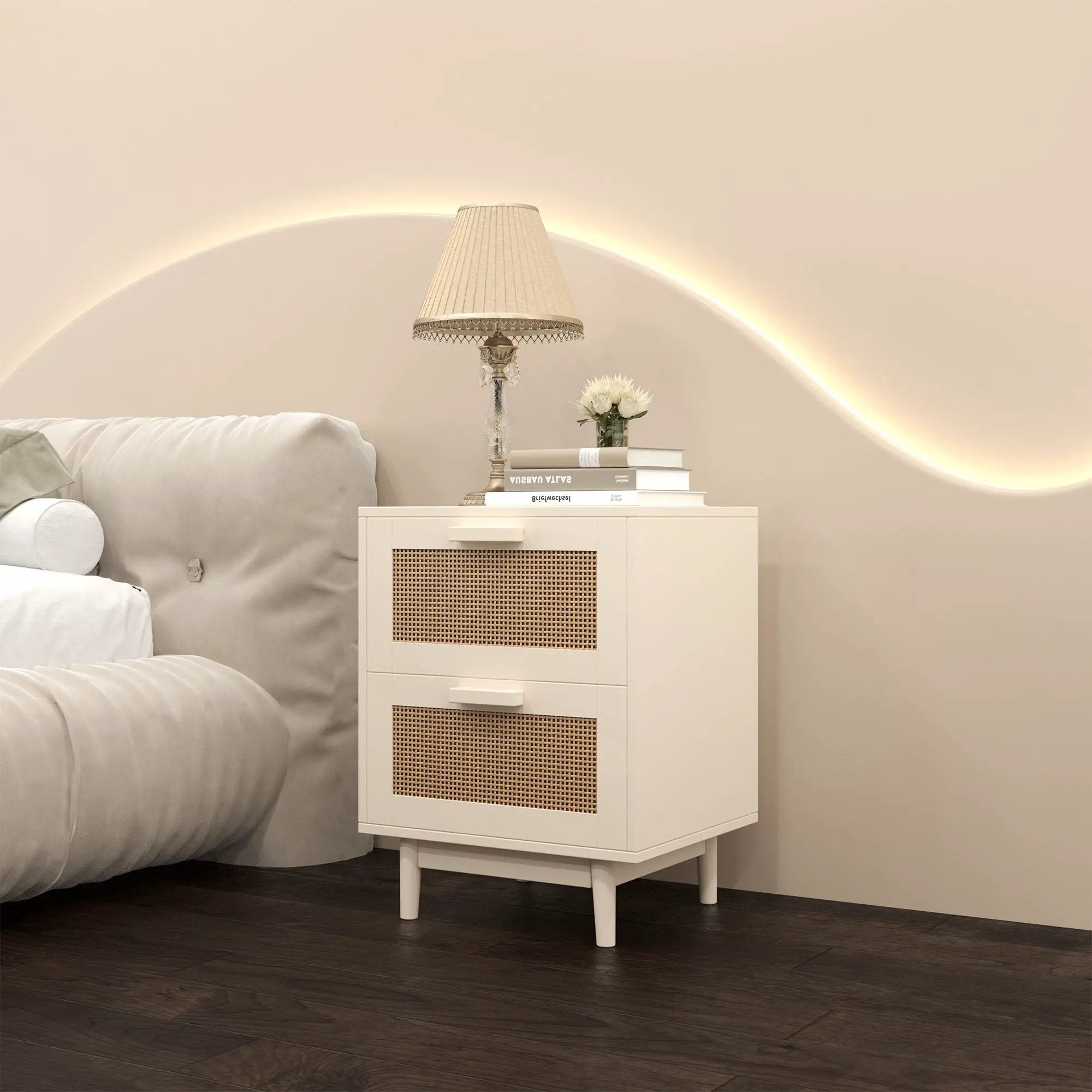Nightstand With 2 Drawers, Storage Side Table For Bedroom - Antique Natural / Rattan by Unique Piece Furniture