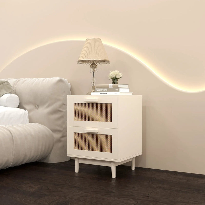 Nightstand With 2 Drawers, Storage Side Table For Bedroom - Antique Natural / Rattan by Unique Piece Furniture