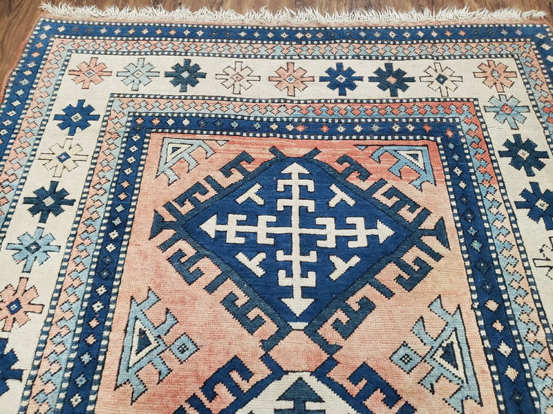 Turkish Kazak Rug 5x8 ft, Bold Geometric Bohemian Carpet, Blue and Ivory Hand Knotted Area Rug, Medium Sized High Quality Wool Oriental Rug by Jewel Rugs