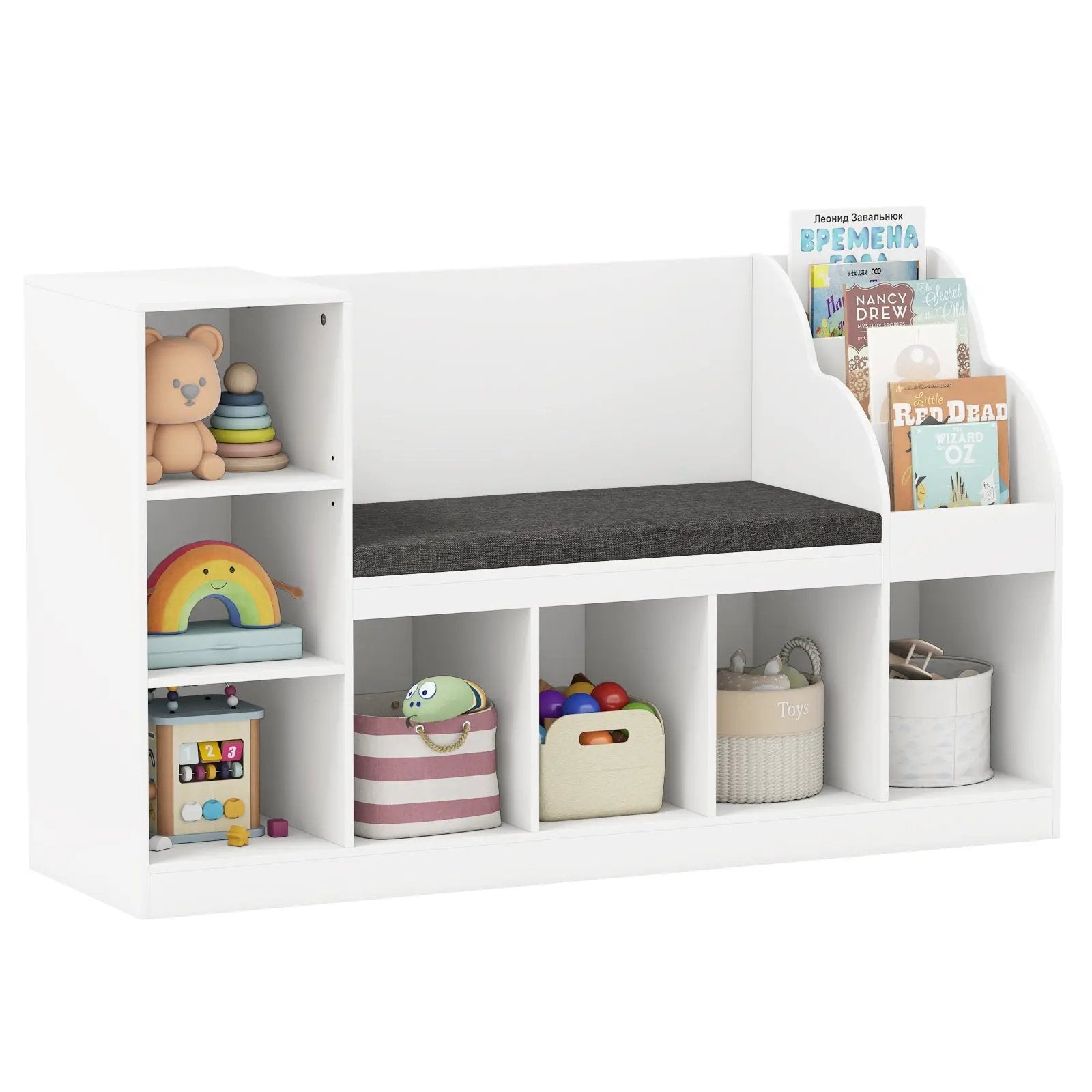 Kids Bookcase with Reading Nook 3-in-1 Standing Toy Organizer-White by DirectDeals