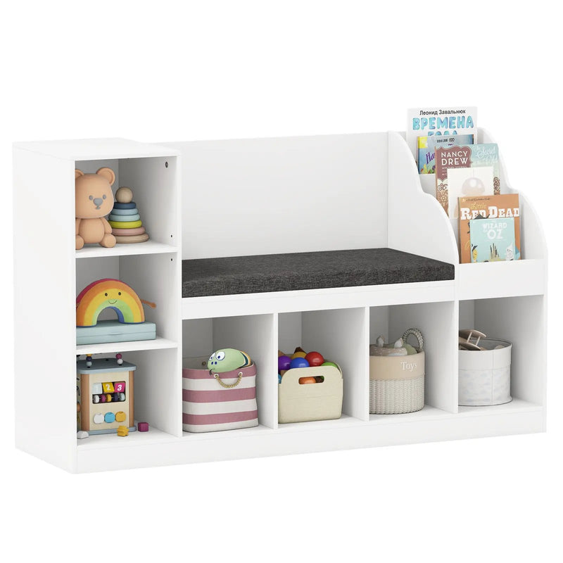 Kids Bookcase with Reading Nook 3-in-1 Standing Toy Organizer-White by DirectDeals