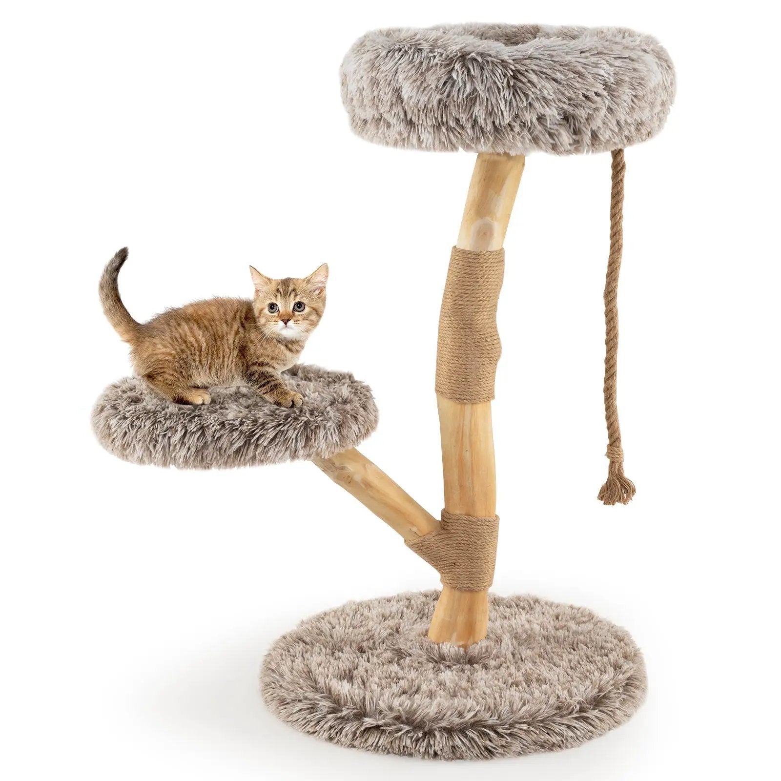 Modern Wooden Cat Tree Tower with Perch and Natural Jute Scratching Posts-Brown by DirectDeals