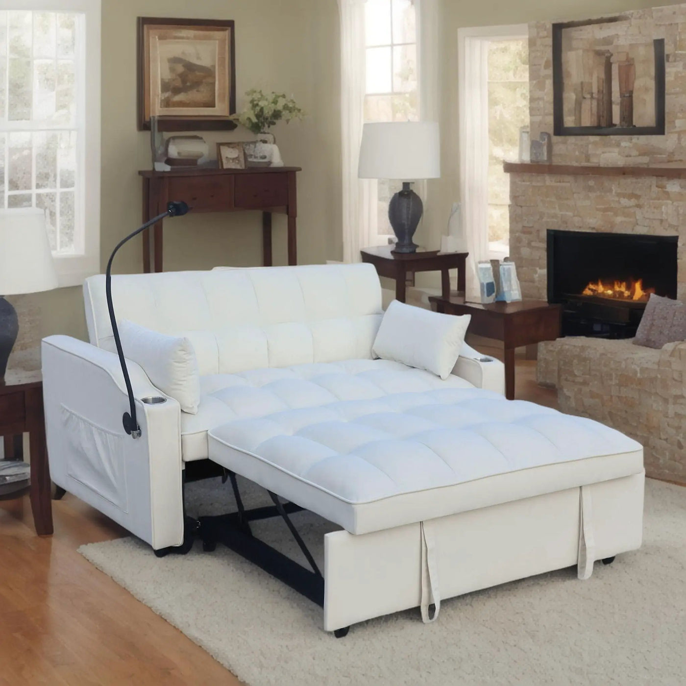Modern Loveseat Futon Sofa With Pullout Bed, Adjustable Reclining Backrest, Toss Pillows by HouseOfZazla