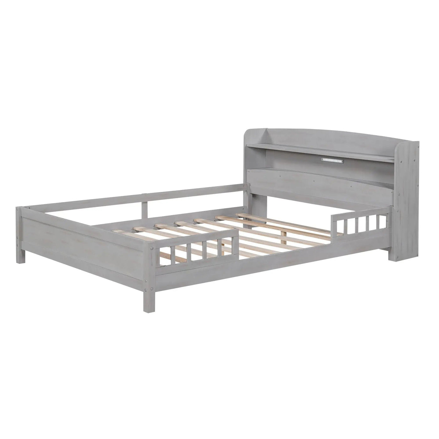 Wood Platform Bed With Built In LED Light, Storage Headboard And Guardrail by HouseOfZazla