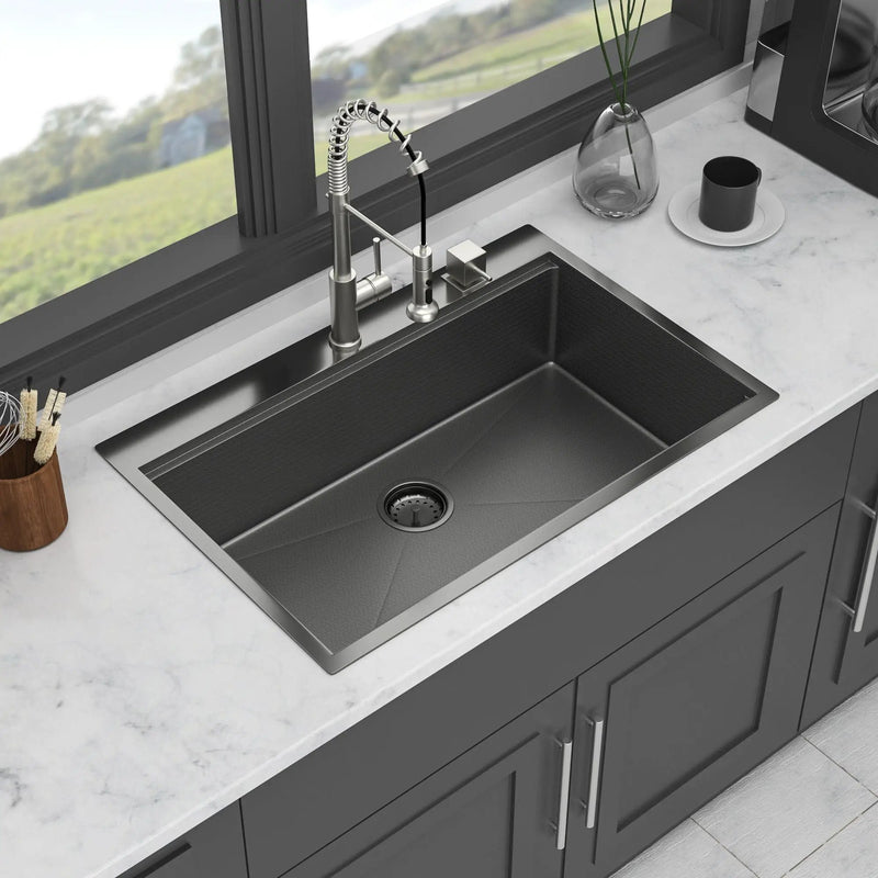 33" Drop In Kitchen Sink With Ledge Workstation, 16 Gauge Stainless Steel - Gunmetal Black by HouseOfZazla