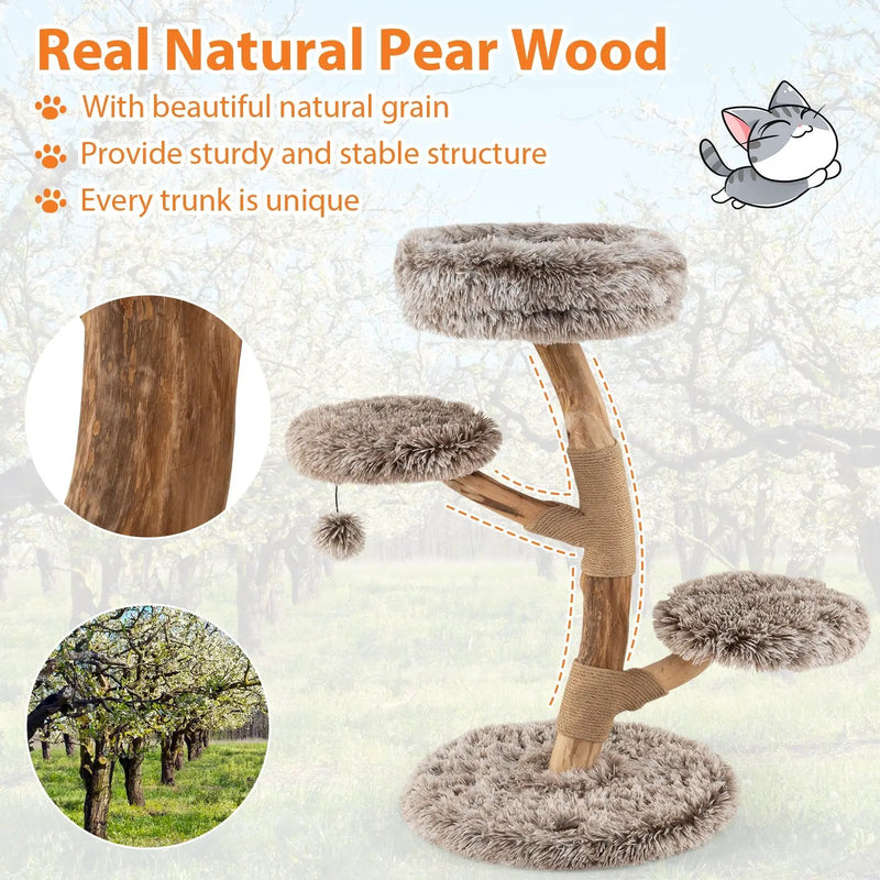 Cat Tree Solid Pear Wood with Perch and Natural Jute Scratching Posts-Brown by DirectDeals