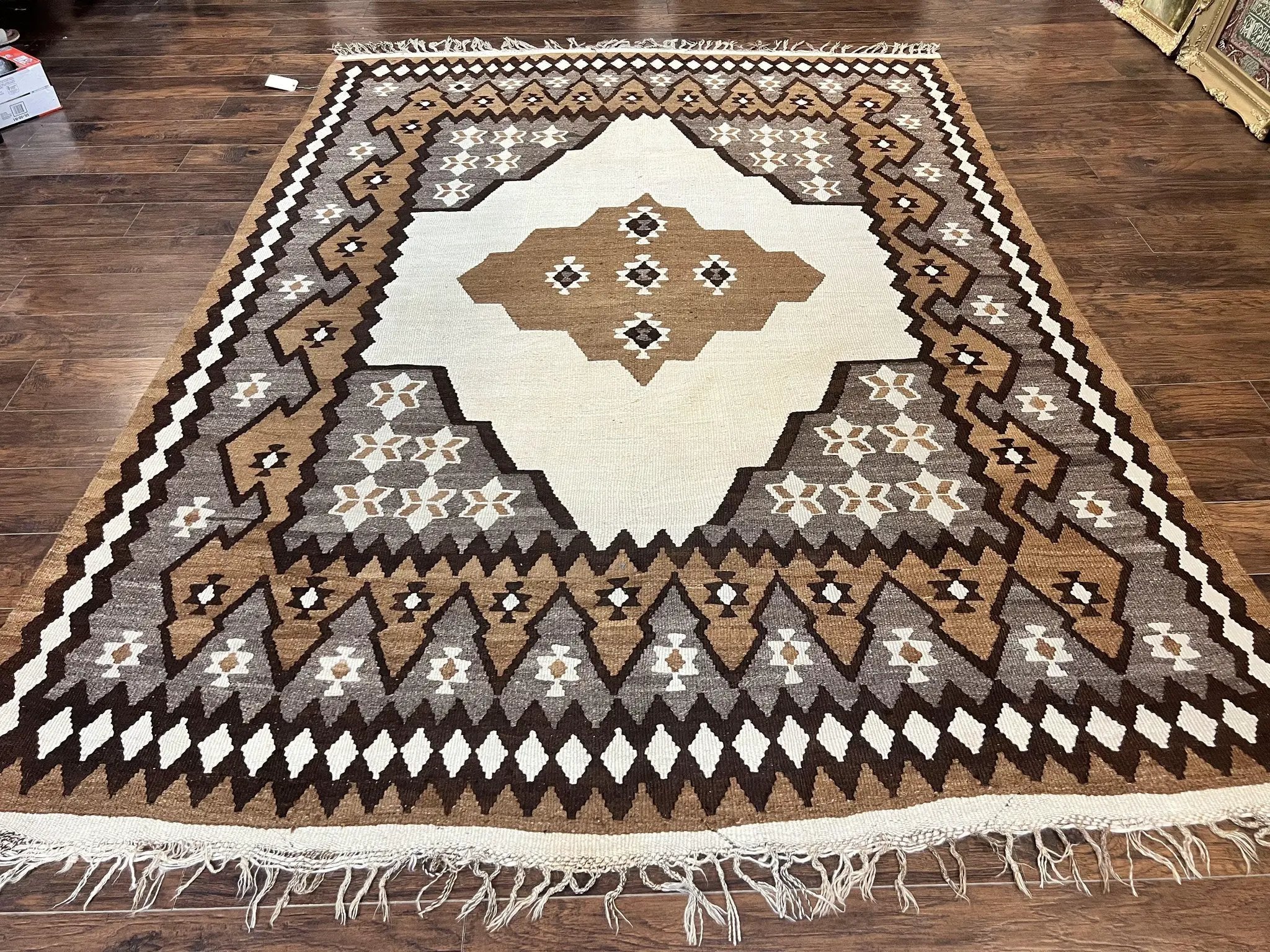 Antique Persian Fars Kilim Rug 8x11, Wool, Boho Tribal Persian Shiraz Flatweave Carpet, Semi Open Field, Geometric, Handmade, Vintage Semi Antique by Jewel Rugs