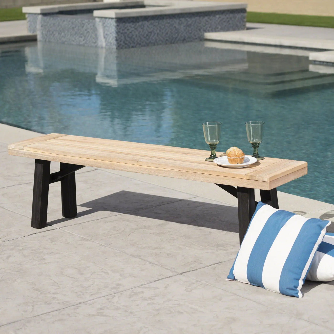 Outdoor Bench With Slat Panel Design And Acacia Wood Frame by HouseOfZazla