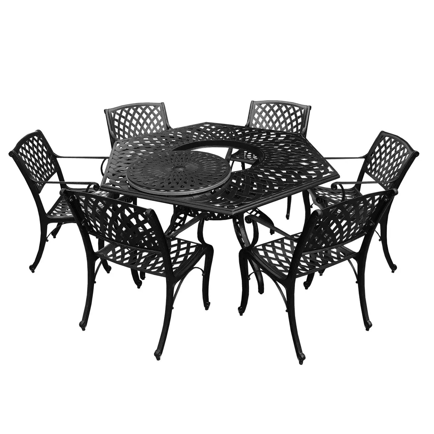Outdoor Aluminum 7pc Hexagon Patio Dining Set, Lazy Susan, Six Chairs by Sharicks
