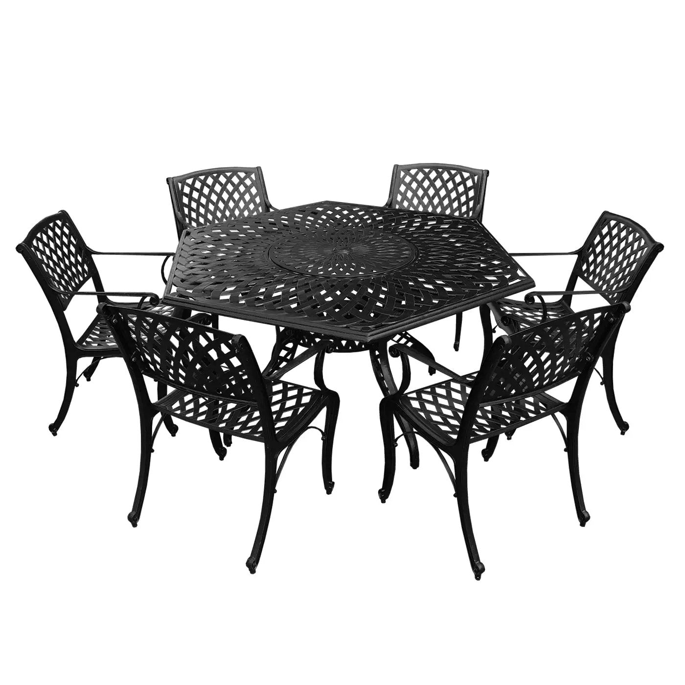Outdoor Aluminum 7pc Hexagon Patio Dining Set, Lazy Susan, Six Chairs by Sharicks