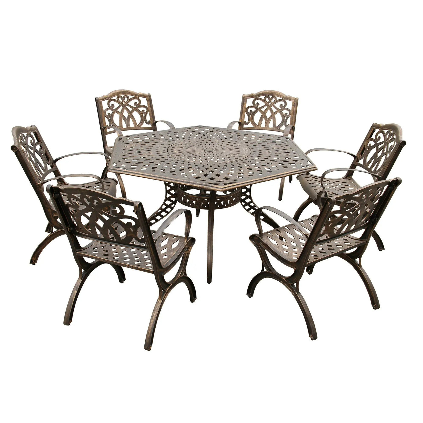 Outdoor Aluminum 7pc Hexagon Patio Dining Set, Lazy Susan, Six Chairs by Sharicks