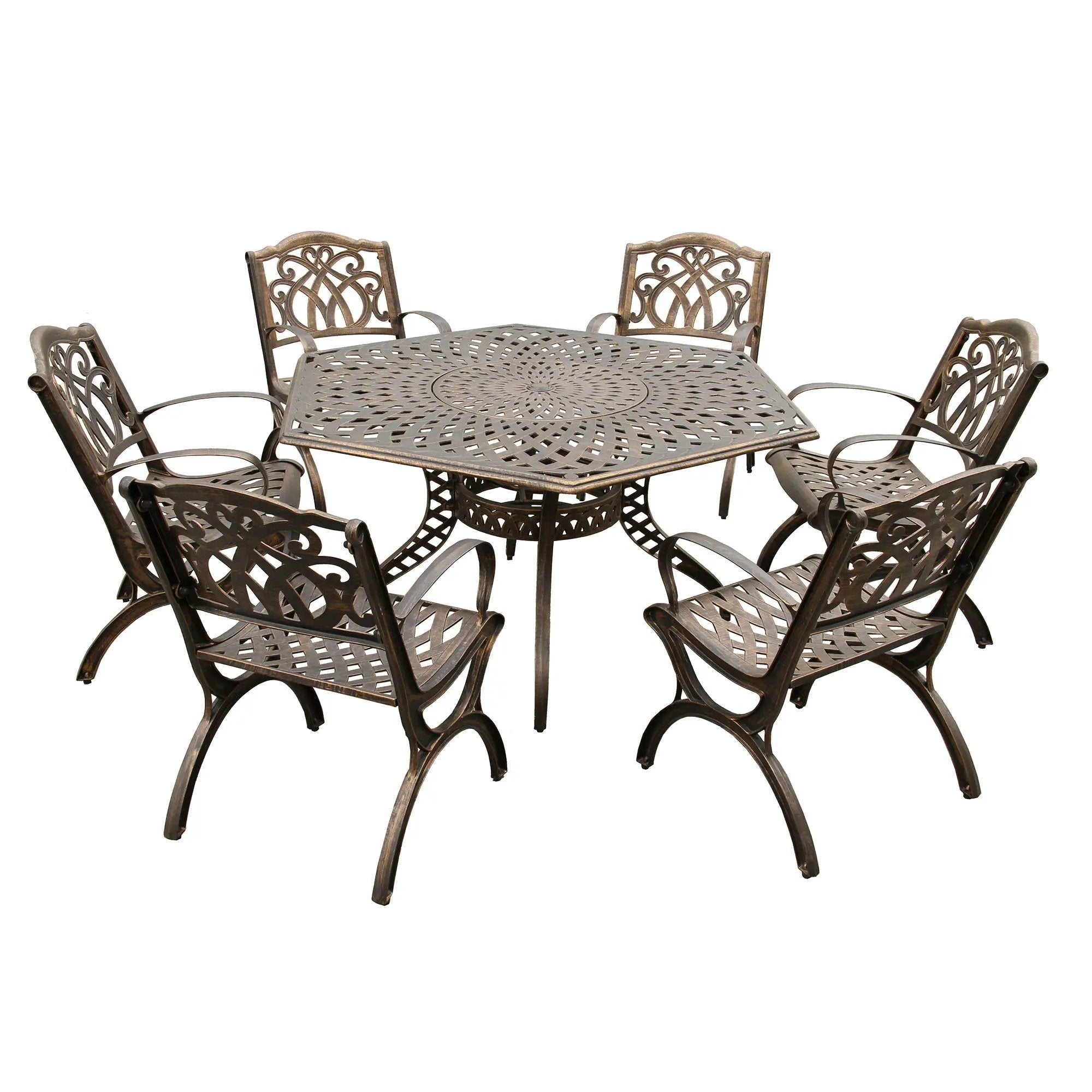 Outdoor Aluminum 7pc Hexagon Patio Dining Set, Lazy Susan, Six Chairs by Sharicks