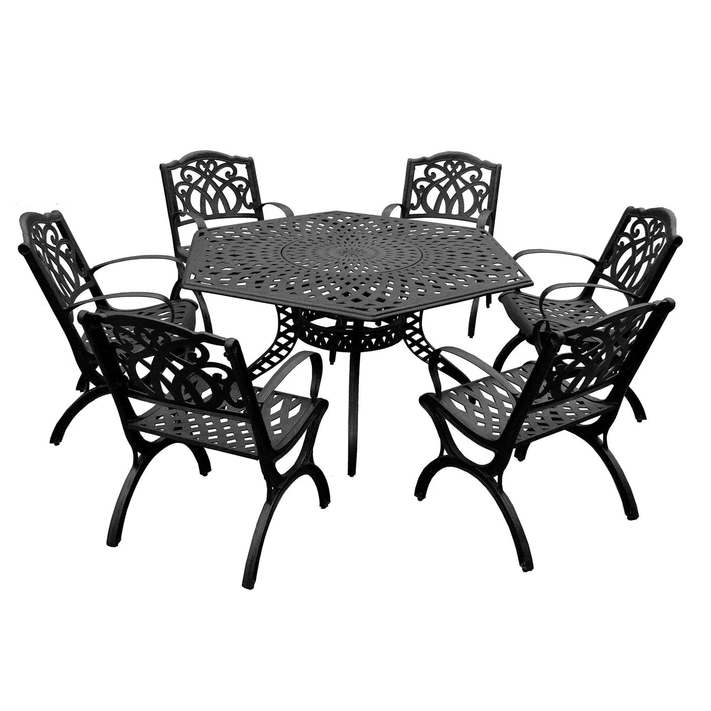 Outdoor Aluminum 7pc Hexagon Patio Dining Set, Lazy Susan, Six Chairs by Sharicks