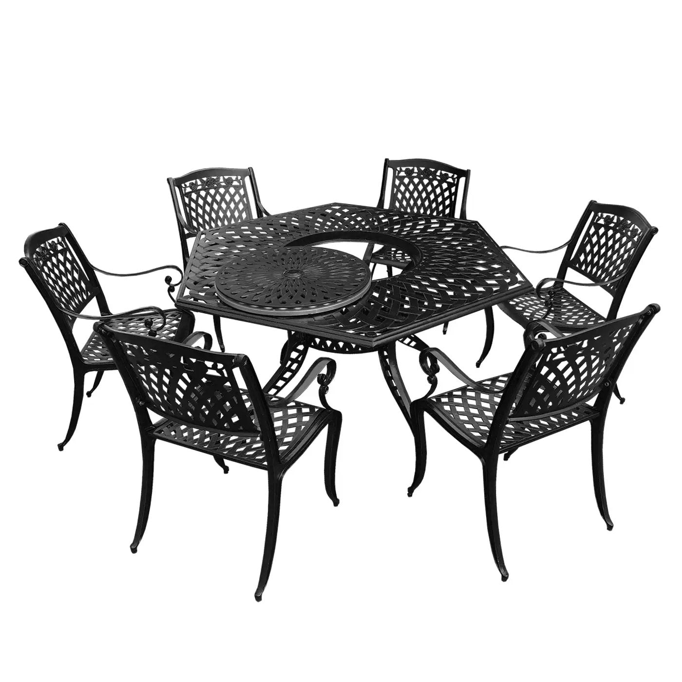 Aluminum 7pc Hexagon Rose Patio Dining Set, Lazy Susan, Six Chairs by Sharicks