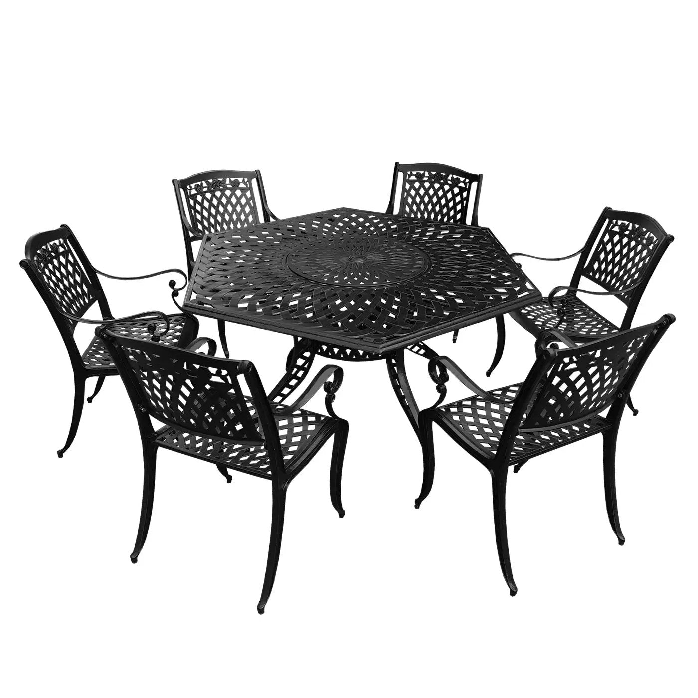 Aluminum 7pc Hexagon Rose Patio Dining Set, Lazy Susan, Six Chairs by Sharicks