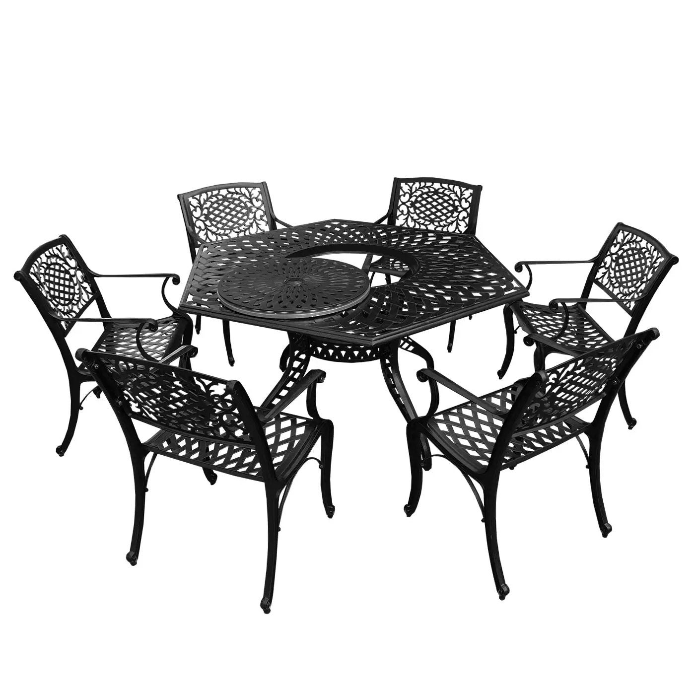 Outdoor Aluminum 7pc Hexagon Patio Dining Set, Lazy Susan, Six Chairs by Sharicks