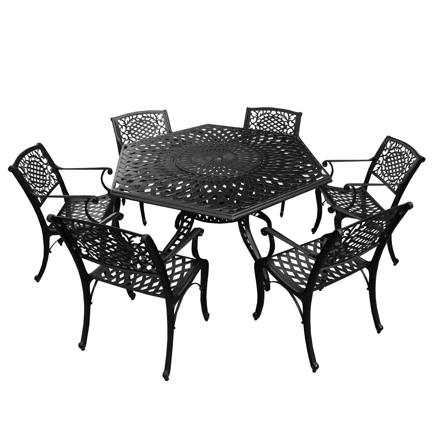 Outdoor Aluminum 7pc Hexagon Patio Dining Set, Lazy Susan, Six Chairs by Sharicks