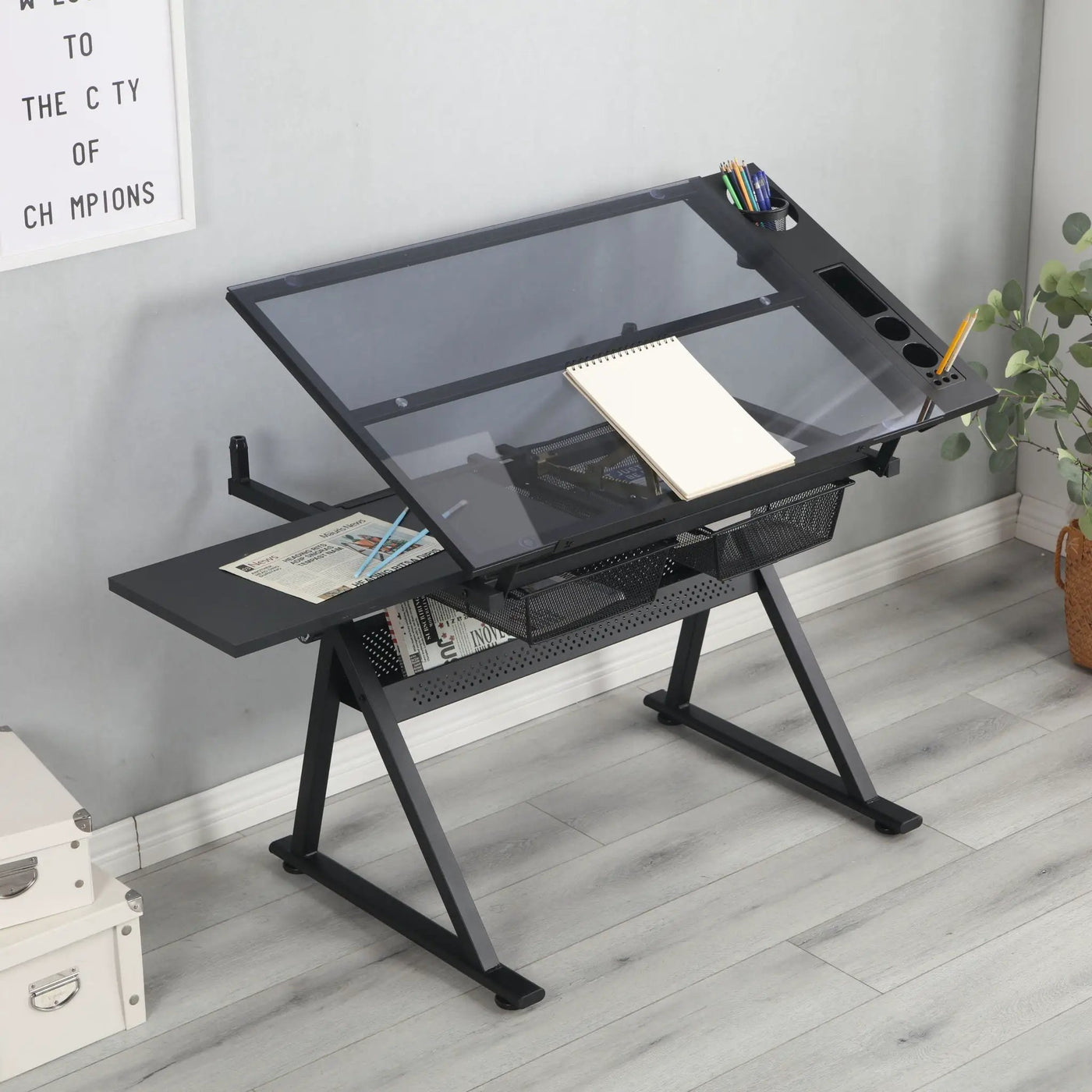 Adjustable Tempered Glass Drafting Printing Table With Chair by HouseOfZazla