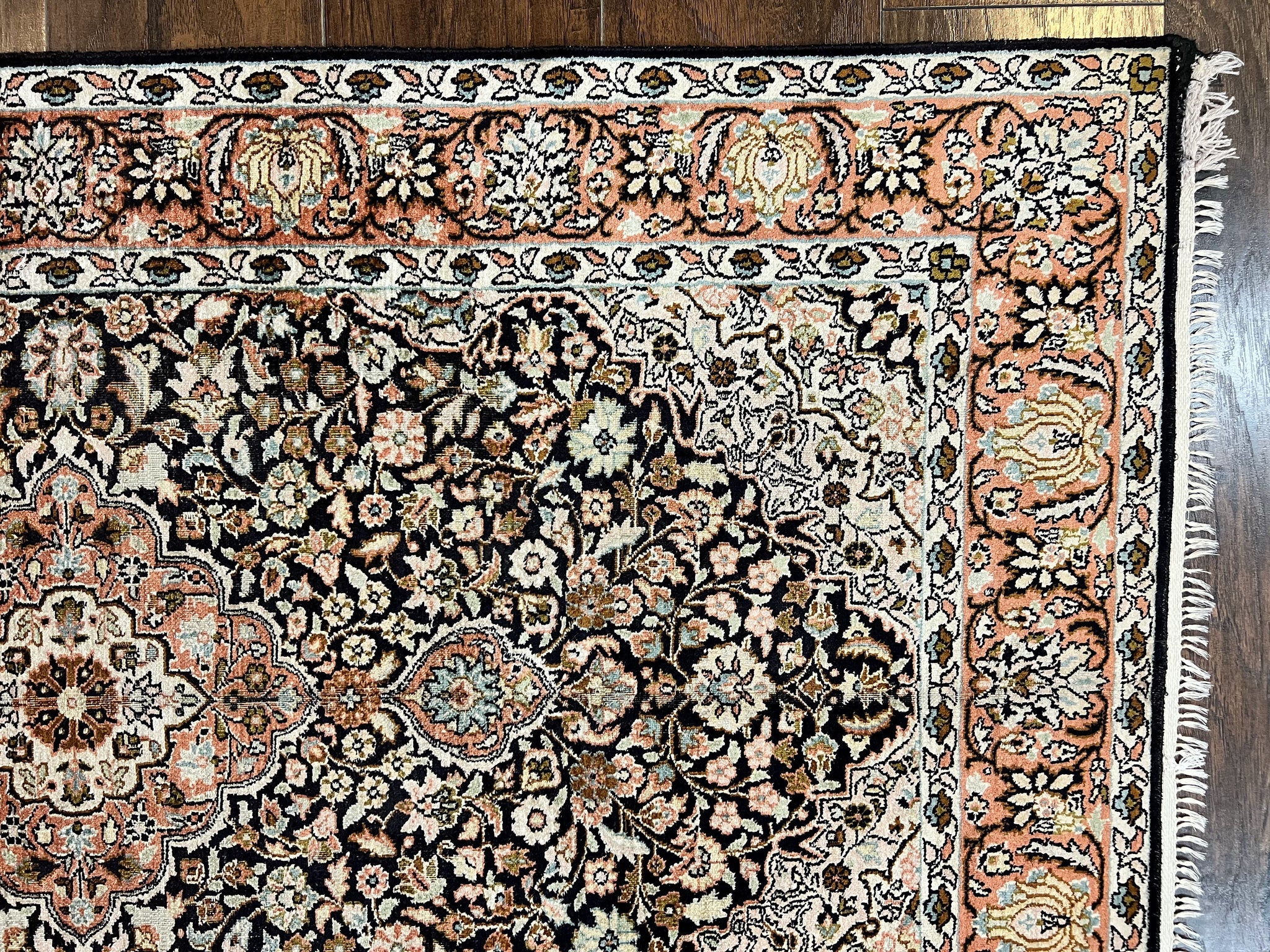 Silk Indian Kashmiri Rug 3x5, Indo Persian Silk on Silk Carpet, Very Fine 350 KPSI, Navy Blue, Handmade, Floral Medallion by Jewel Rugs