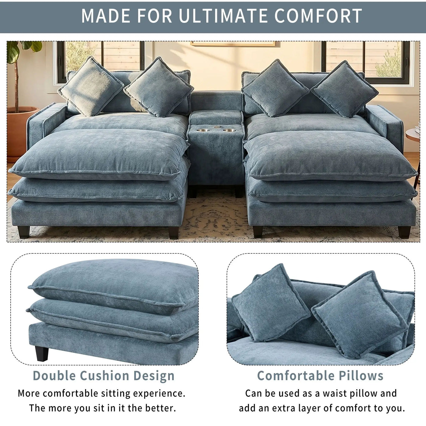 Modern Sectional Sofa With Removable Ottomans, USB Ports by HouseOfZazla