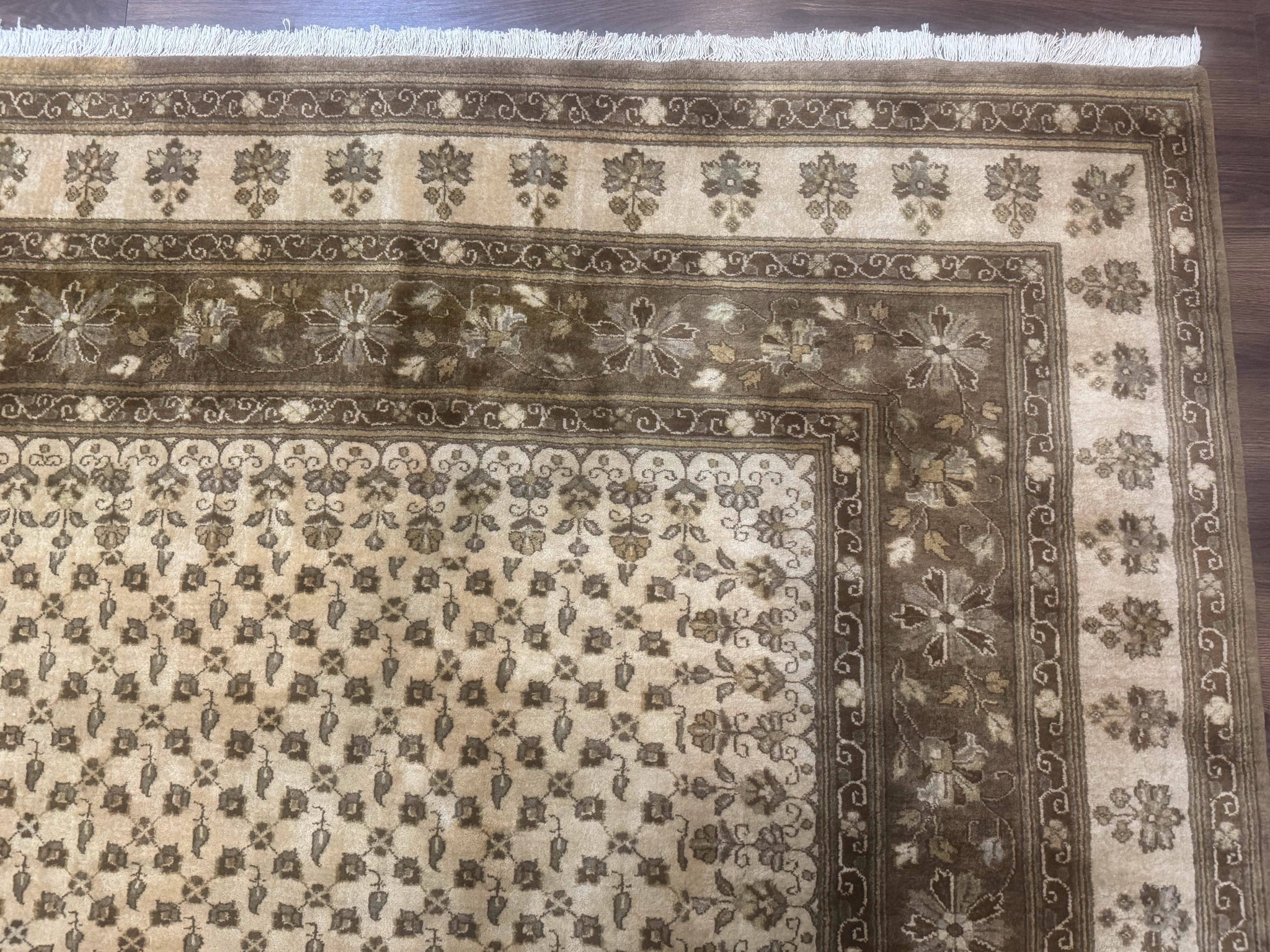 Indo Persian Rug 8x10, Allover Pattern, Beige, Wool Handmade Carpet by Jewel Rugs