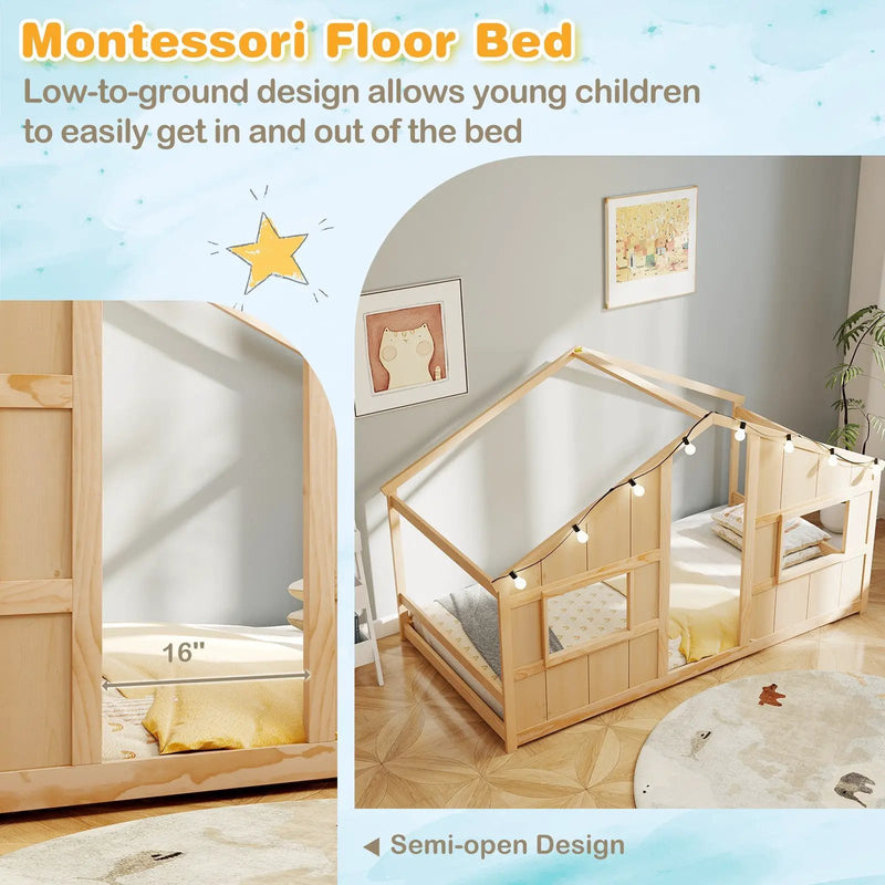 Twin Size House Bed with LED Lights Montessori Slat-free Floor Bed by DirectDeals