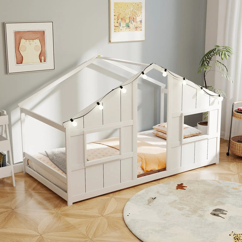 Twin Size House Bed with LED Lights Montessori Slat-free Floor Bed by DirectDeals