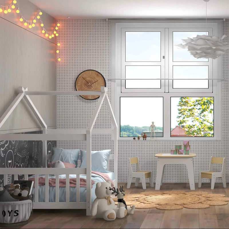 3-Piece Kid’s Room Bundle: Twin Size Wooden House Bed + Kid's Table and Chairs Set + Kids 2-Shelf Bookcase by DirectDeals