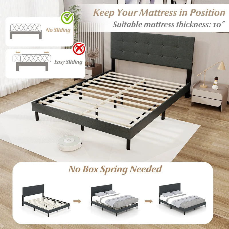 Queen Size Upholstered Bed Frame Linen Platform Bed-Dark Gray by DirectDeals