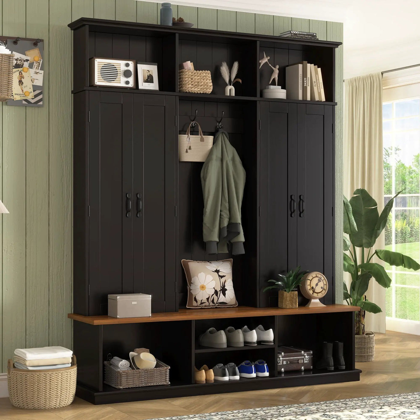 Entryway Hall Tree With Bench, 3 Top Cubbies & Bottom Storage Space by HouseOfZazla