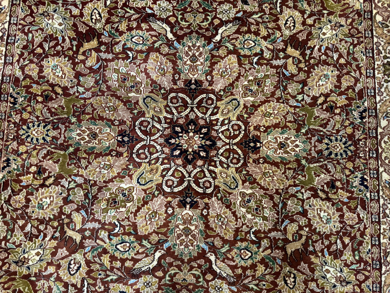 Tree of Life Indian Kashmiri Rug 6x9, Rust Red and Cream, Animal Pictorials, Fine 290 KPSI by Jewel Rugs