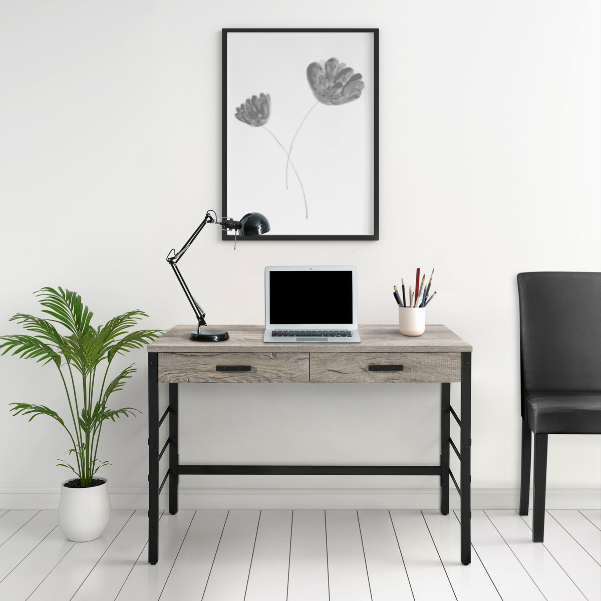 Light Weathered Writing Desk with Storage Drawers and USB Ports - Light Weathered Oak
