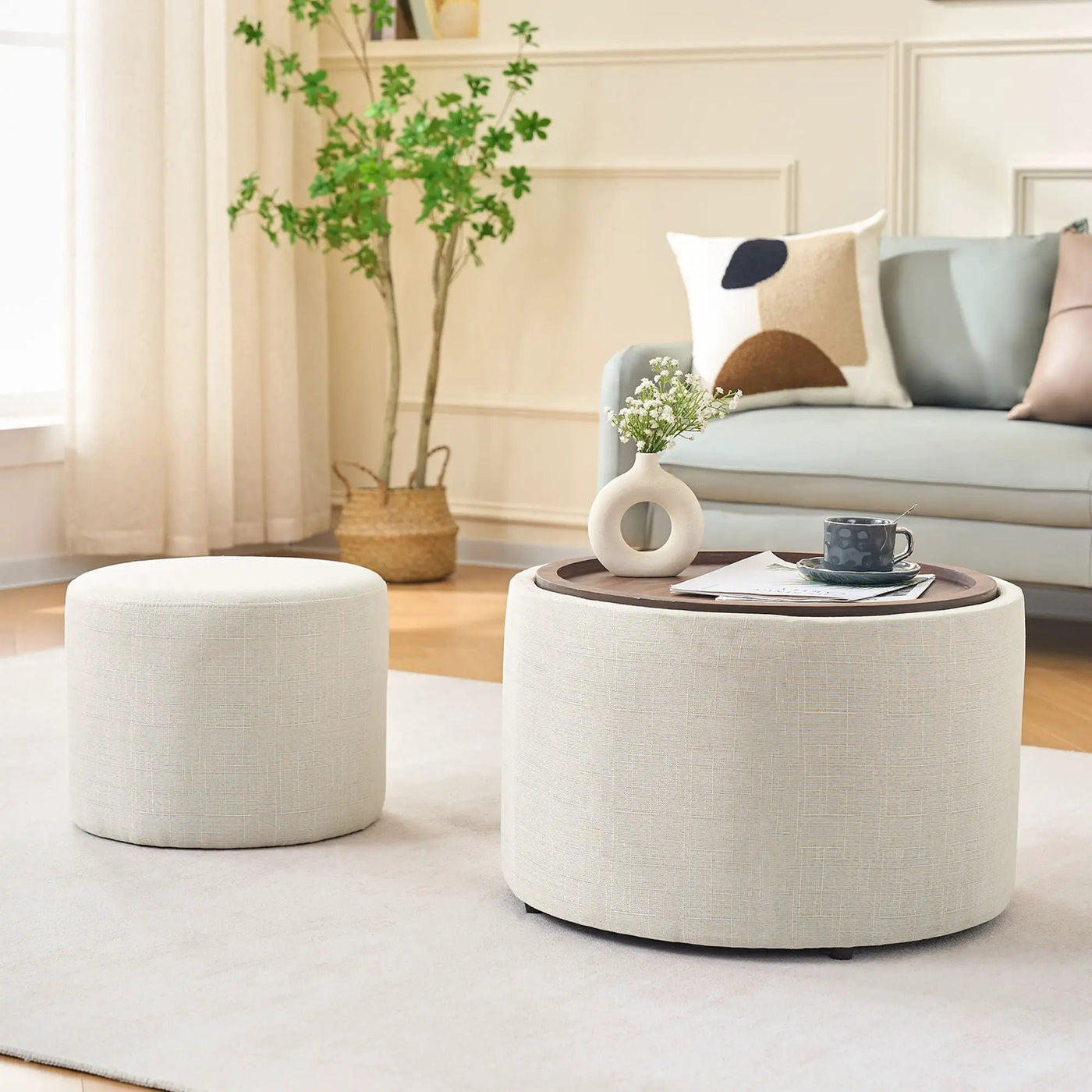 Nesting Ottomans, Round Coffee Table & Bench With Tray (Set of 2) by HouseOfZazla