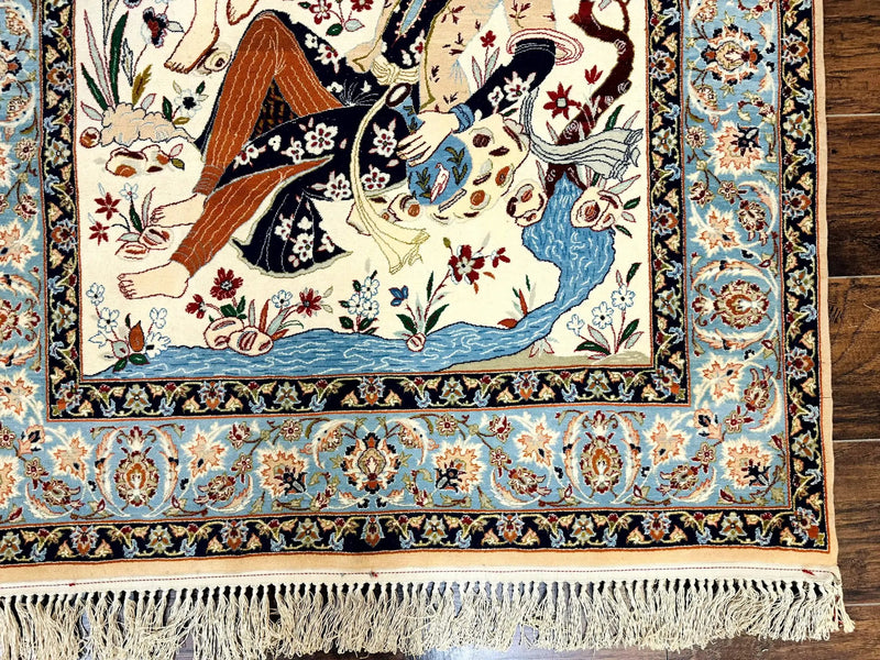 Persian Isfahan Pictorial Rug, Two Lovers, Kork Wool on Silk Foundation, Ivory and Light Blue, 500 KPSI Super Fine by Jewel Rugs