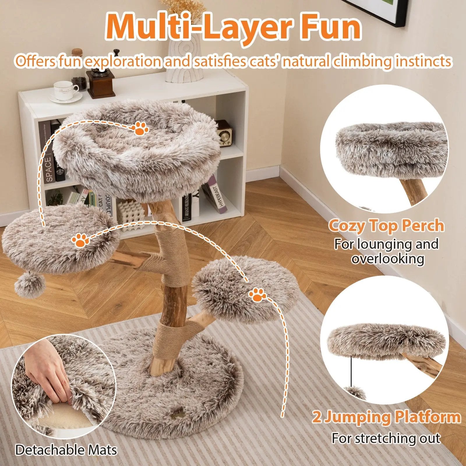 Cat Tree Solid Pear Wood with Perch and Natural Jute Scratching Posts-Brown by DirectDeals