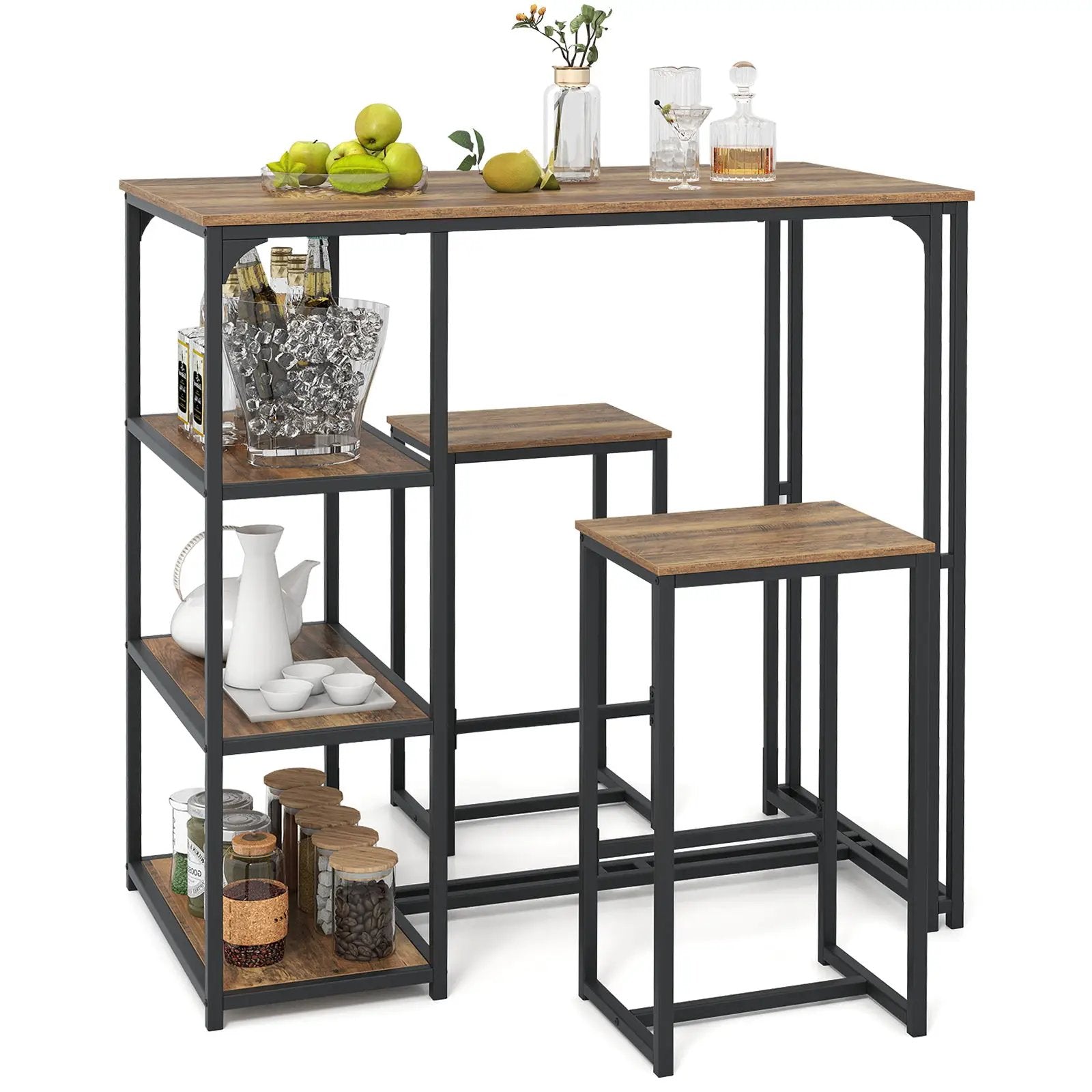 3-Piece Bar Table Set for 2 Bar-Height Dining Table with 2 Stools-Rustic Brown by DirectDeals