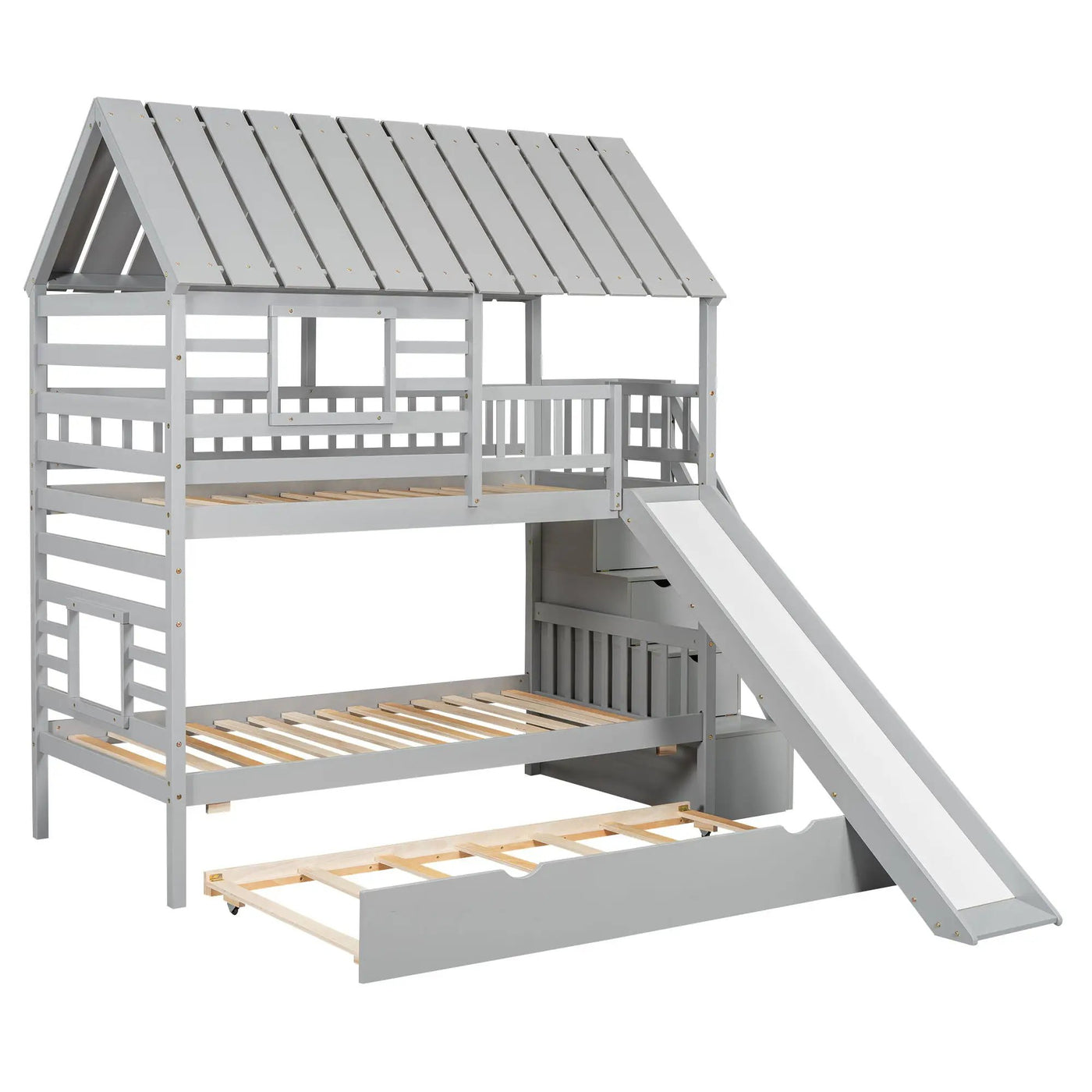 House Bunk Bed With Trundle, Storage Staircase, Roof And Window Design by HouseOfZazla