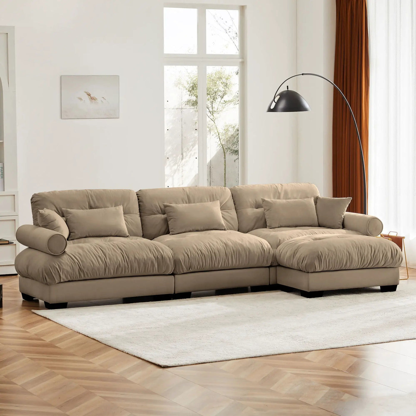 Modern Sectional Sofa With Ottoman, Round Bolster Armrests, Waist And Throw Pillows by HouseOfZazla