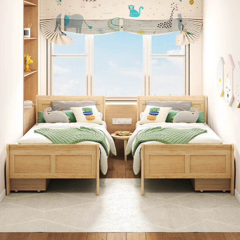 Twin Size Sleigh Bed with 2 Storage Drawers Wood Platform Bed Frame by DirectDeals