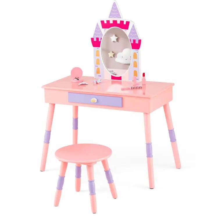 3 Pieces Kids' Room Bundle: Twin Bed Frame Wardrobe Closet Vanity Table and Stool Set by DirectDeals