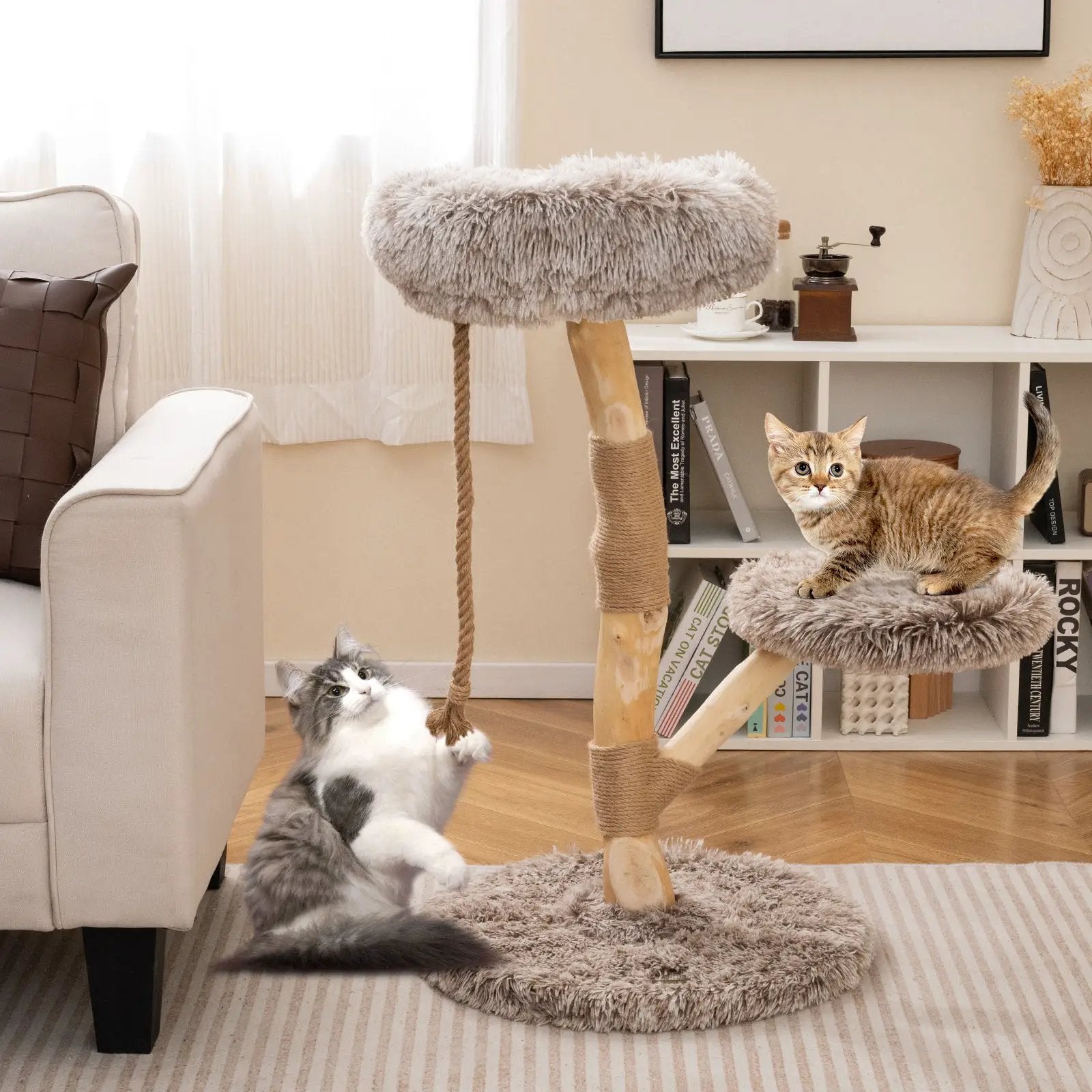 Modern Wooden Cat Tree Tower with Perch and Natural Jute Scratching Posts-Brown by DirectDeals