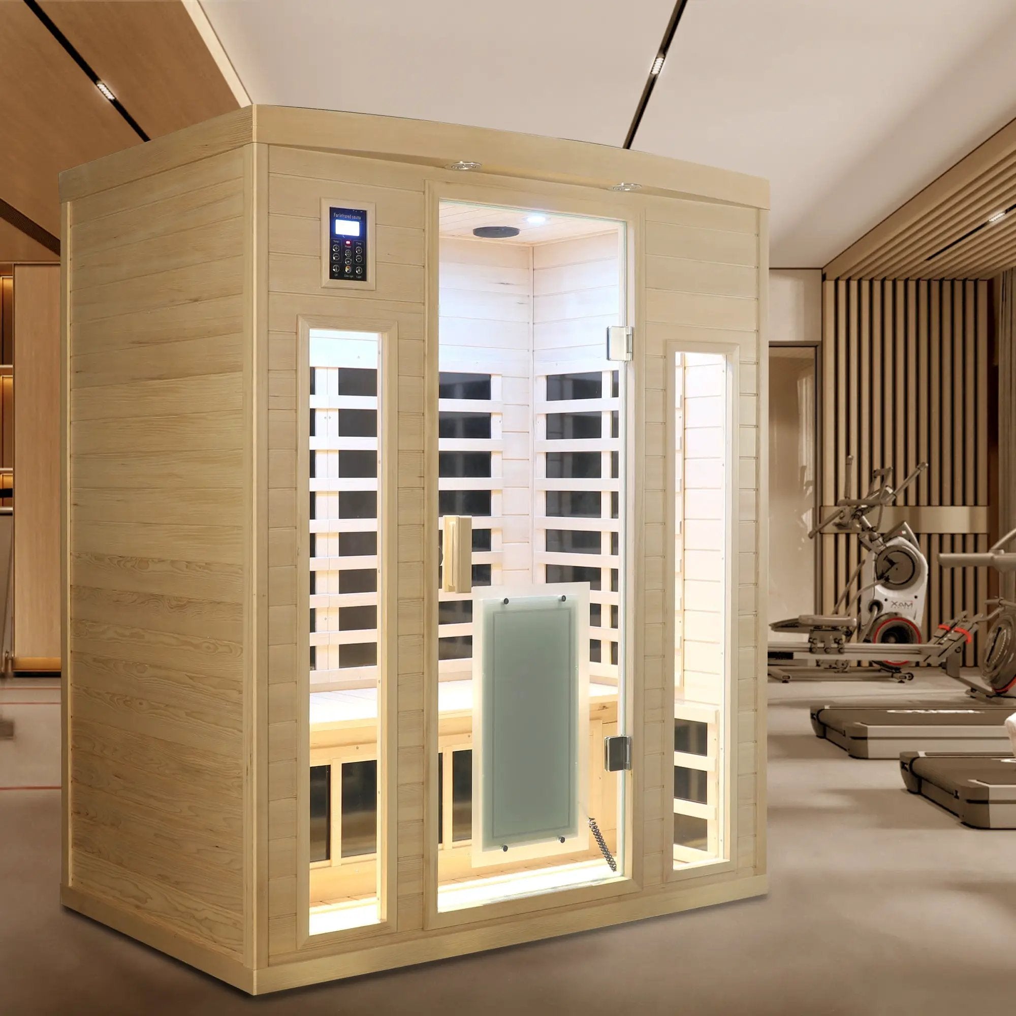 Low EMF, There is also a heating plate on the glass door, Hemlock wood Far-infrared indoor Three person sauna room by HouseOfZazla