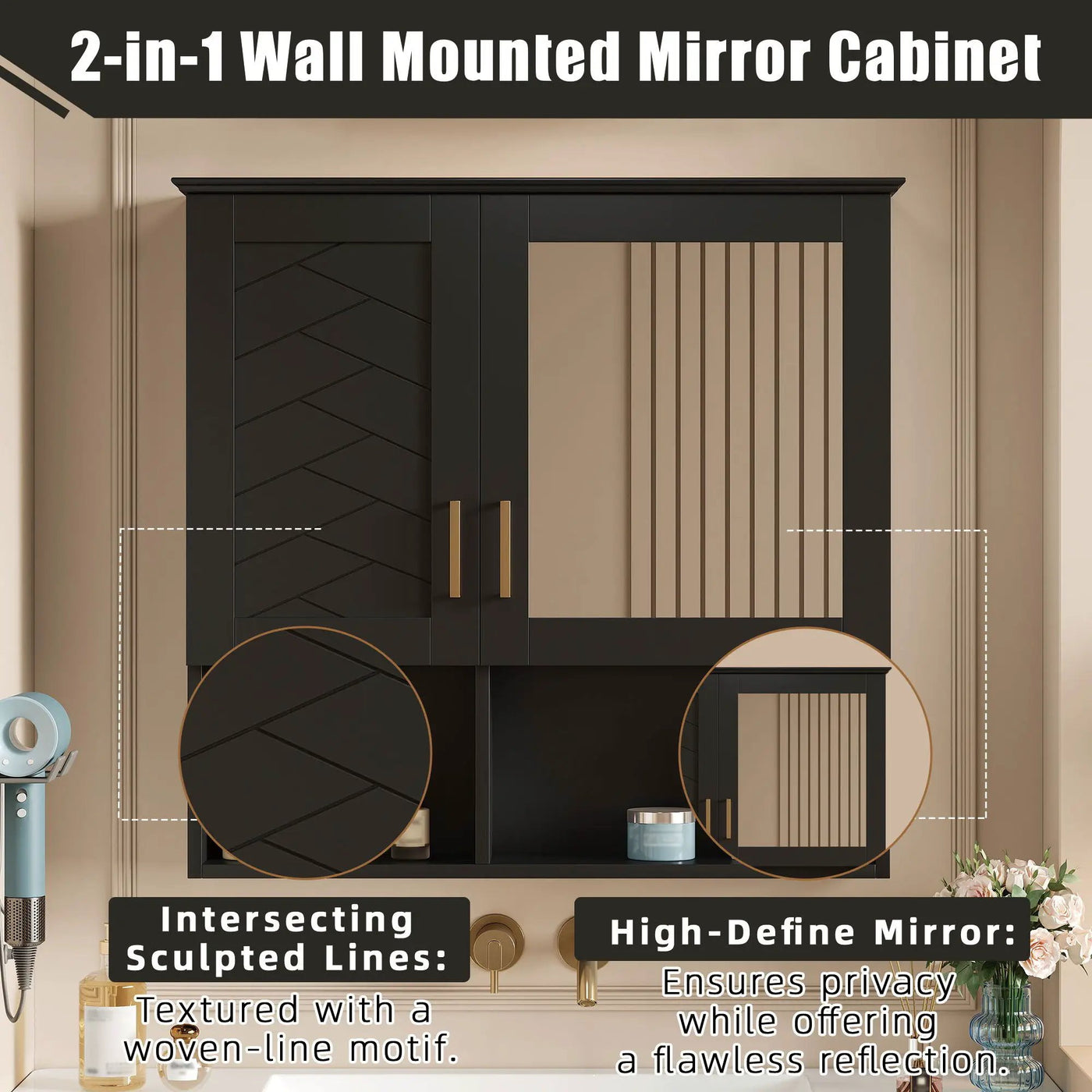 2 In 1 Wall-Mounted Mirror Cabinet With Adjustable Shelves, Soft-Close Doors, High-Definition Mirror & Storage by Unique Piece Furniture