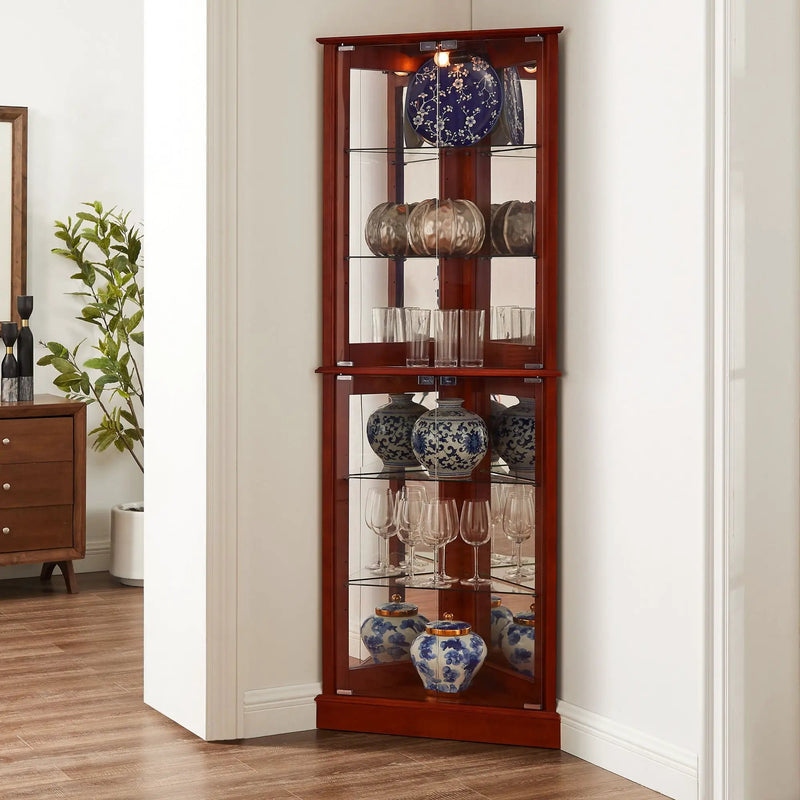 Corner Curio Dispaly Cabinet With Lights, Adjustable Tempered Glass Shelves, Mirrored Back (E26 Light Bulb Not Included) by Unique Piece Furniture