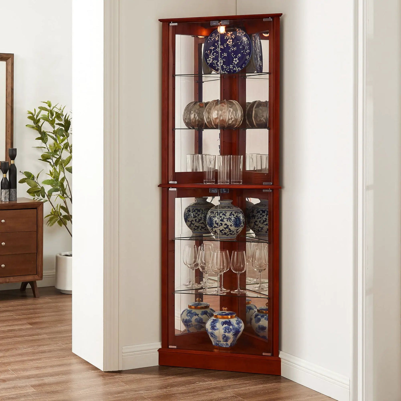 Corner Curio Dispaly Cabinet With Lights, Adjustable Tempered Glass Shelves, Mirrored Back (E26 Light Bulb Not Included) by HouseOfZazla