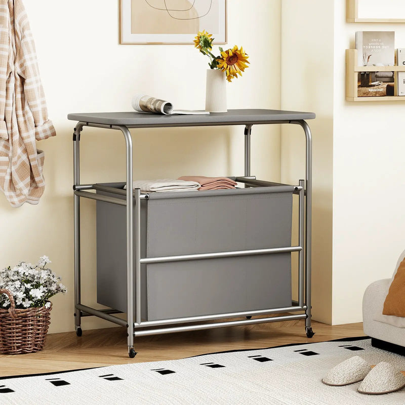 3-Section Laundry Sorter with Foldable Ironing Board and Lockable Wheels-Gray by DirectDeals