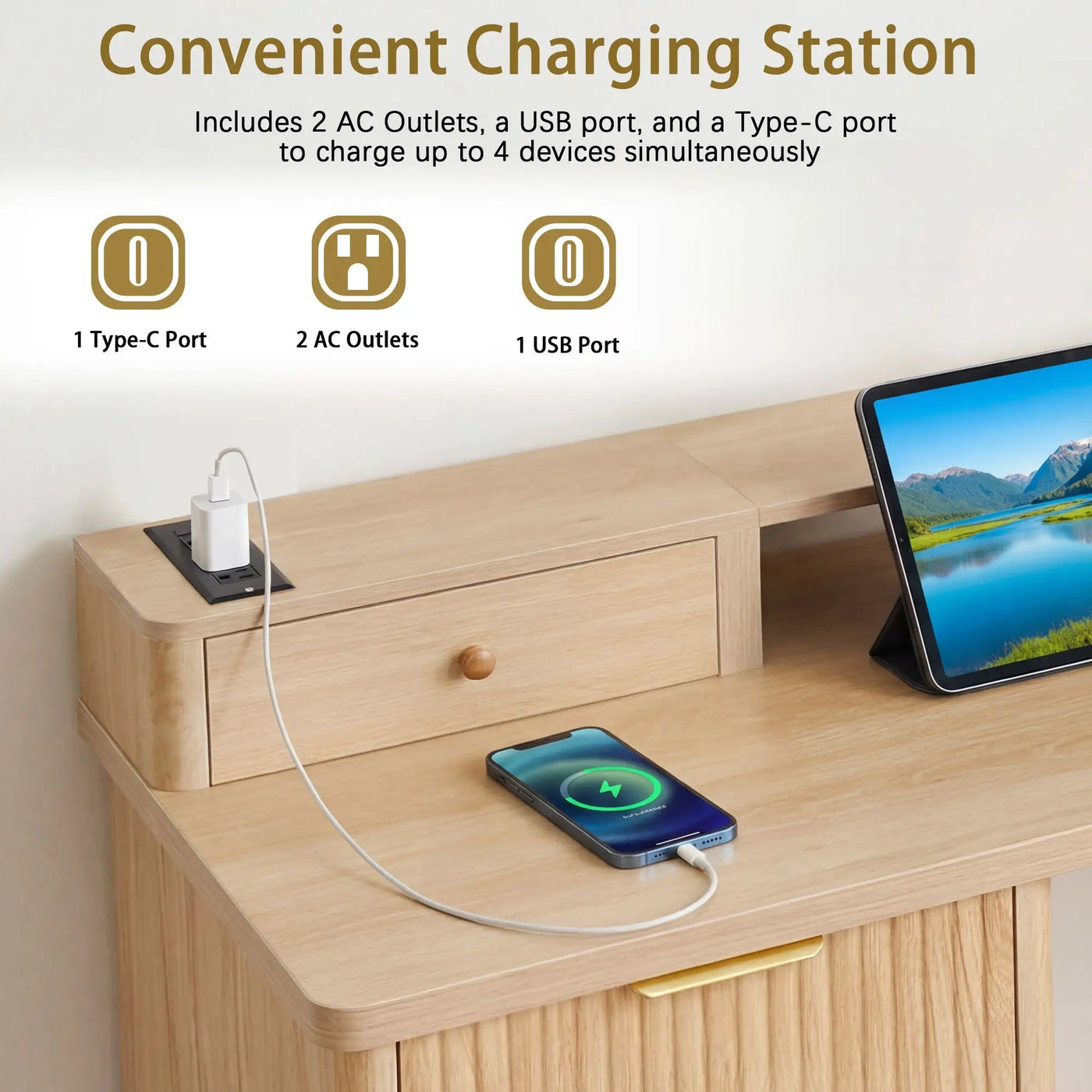 59" Modern Fluted L-Shaped Desk with Charging Station & Storage by HouseOfZazla