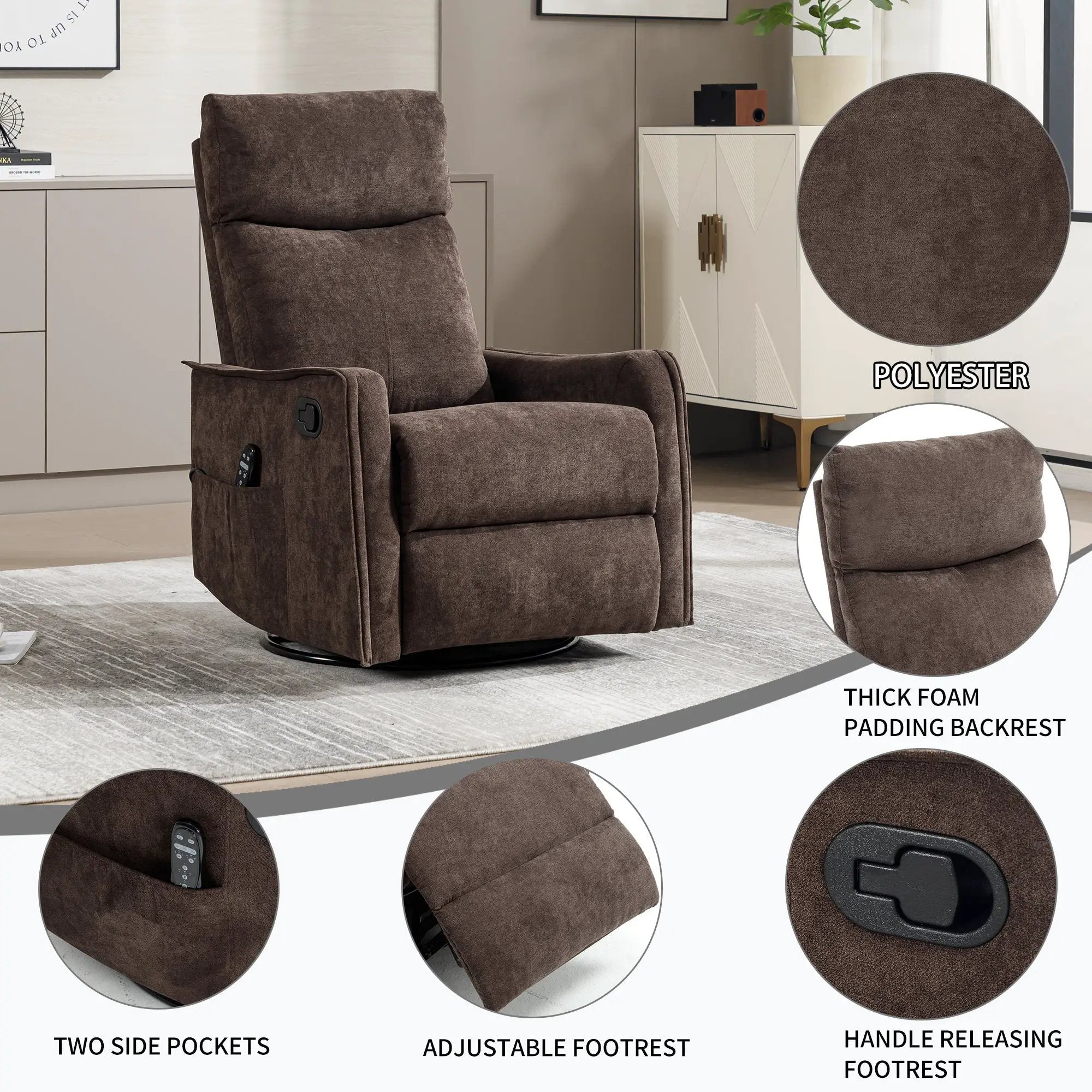 Heat Massage Manual Recliner Chair with Rocker and Swivel in Fabric by HouseOfZazla