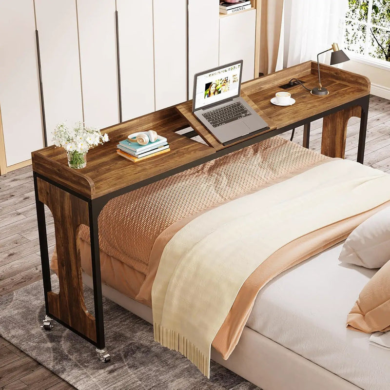 Height Adjustable Overbed Table With Wheels - Rustic Brown by HouseOfZazla